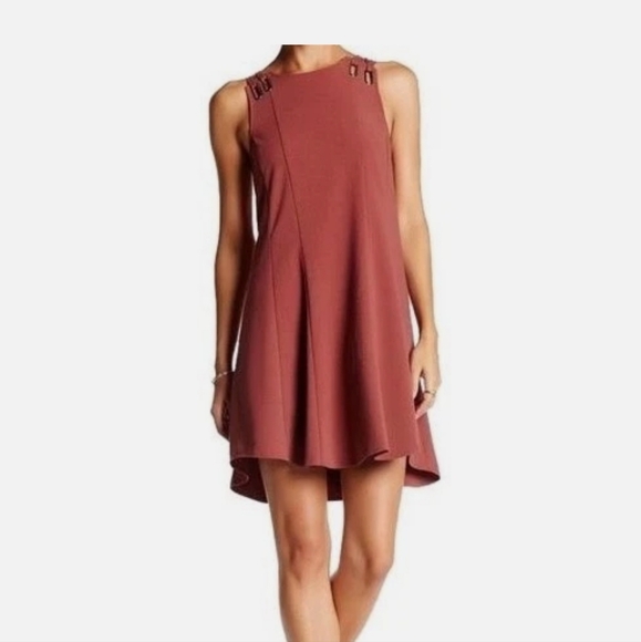 Free People Red Brown Trapeze Grommet Cutout Mini Swing Dress NWOT - Picture 1 of 9